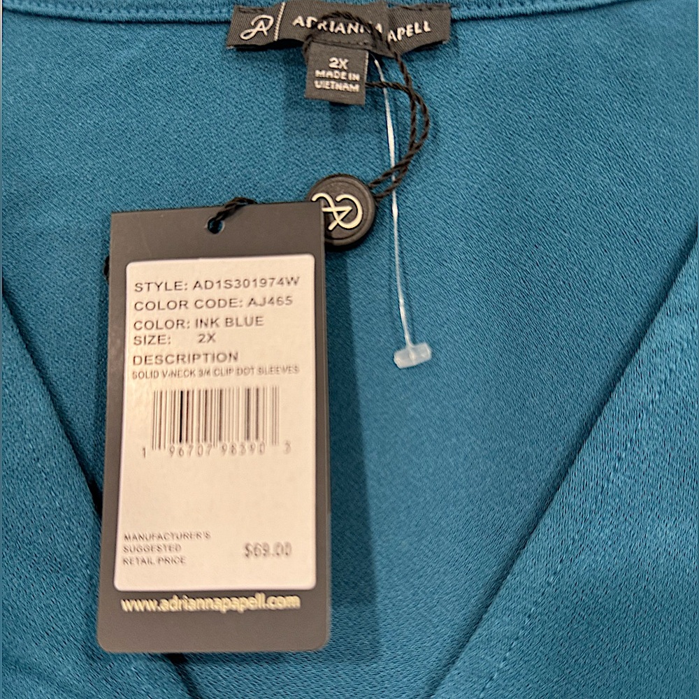 ADRIANNA PAPELL Blouse Swiss Dot Semi-Sheer 3/4 Sleeve Dressy Ink Blue Size 2X - Picture 7 of 9